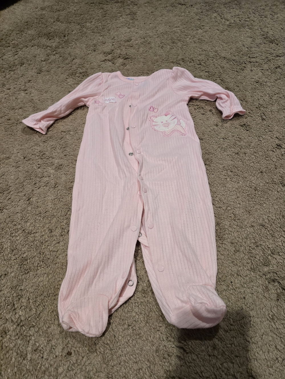 miniwear Light Pink Ribbed Footed One-Piece with Cat Applique